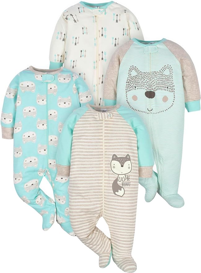 Gerber Baby Boys' 4 Pack Sleep 'N Play Footie Aqua Fox