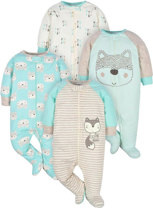 Gerber Baby Boys' 4 Pack Sleep 'N Play Footie Aqua Fox