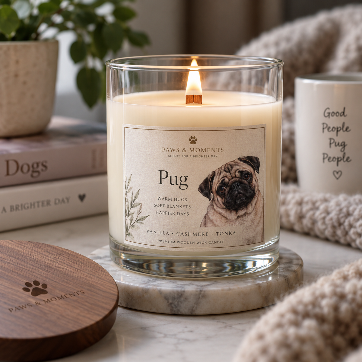 Pug wood wick candle with vanilla, cashmere and tonka fragrance